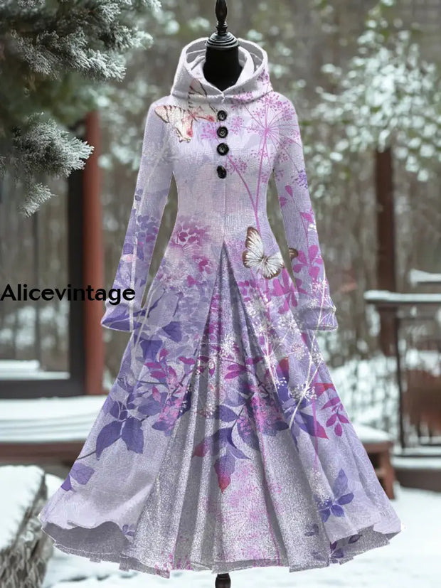 Butterfly Art Print Vintage Elegant Long Sleeve Maxi Dress A / S