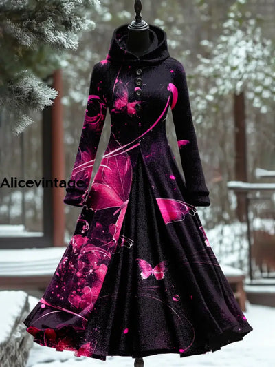 Butterfly Art Print Vintage Elegant Long Sleeve Maxi Dress A / S