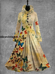 Butterfly Art Print Vintage Fashion Long Sleeve Maxi Dress