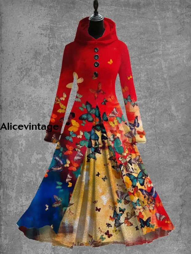 Butterfly Art Print Vintage Fashion Long Sleeve Maxi Dress