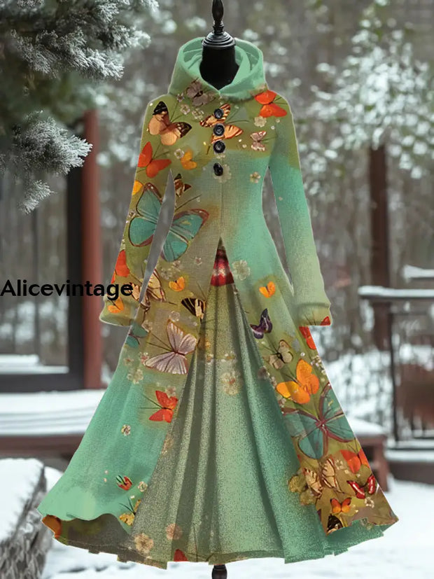 Butterfly Art Print Vintage Fashion Long Sleeve Maxi Dress A / S