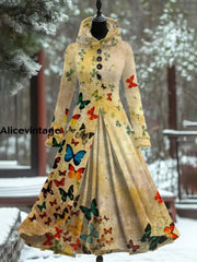 Butterfly Art Print Vintage Fashion Long Sleeve Maxi Dress A / S