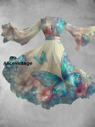 Butterfly Art Print Vintage V-Neck Long Sleeve Flowy Midi Dress A / S