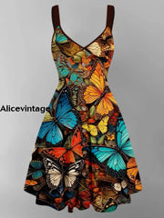 Butterfly Art Printed Vintage V-Neck Strap Sleeveless Button Trim Midi Dress