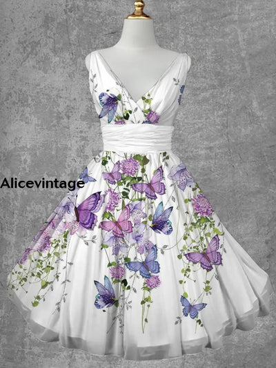 Butterfly Floral Print V-Neck Vintage Fashion Sleeveless Midi Dress A / S