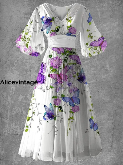 Butterfly Print Elegant V-Neck Chic Short Sleeve Vintage Maxi Dress A / S