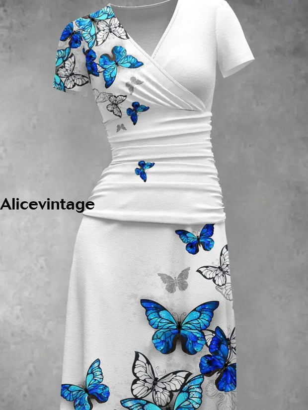 Butterfly Print Short Sleeve V-Neck Midi Dress