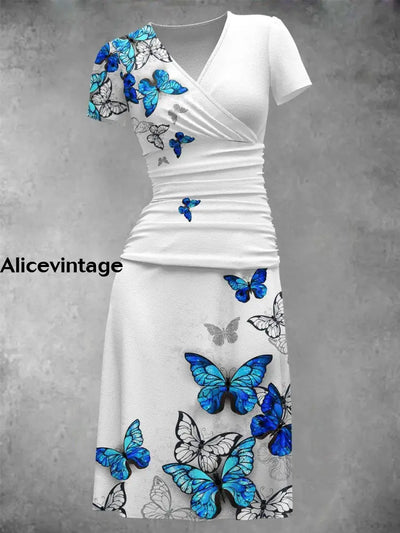 Butterfly Print Short Sleeve V-Neck Midi Dress Color / S