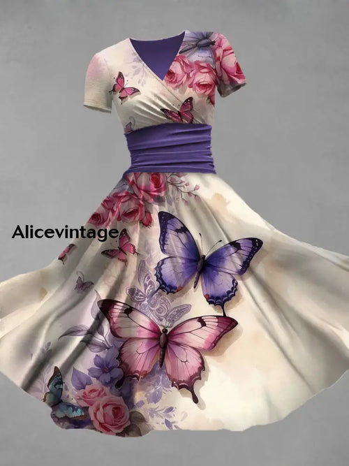 Vintage Bohemian Butterfly Floral Print V Neck Elegant Chic Loose Short Sleeve Midi Dress A / S
