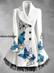 Butterfly Print Vintage Elegant Lapel V-Neck Button Up Long Sleeve Coat Dress