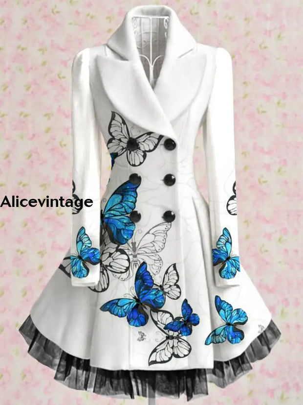 Butterfly Print Vintage Elegant Lapel V-Neck Button Up Long Sleeve Coat Dress