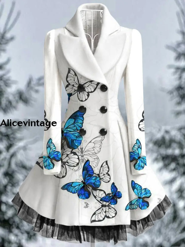 Butterfly Print Vintage Elegant Lapel V-Neck Button Up Long Sleeve Coat Dress A / S