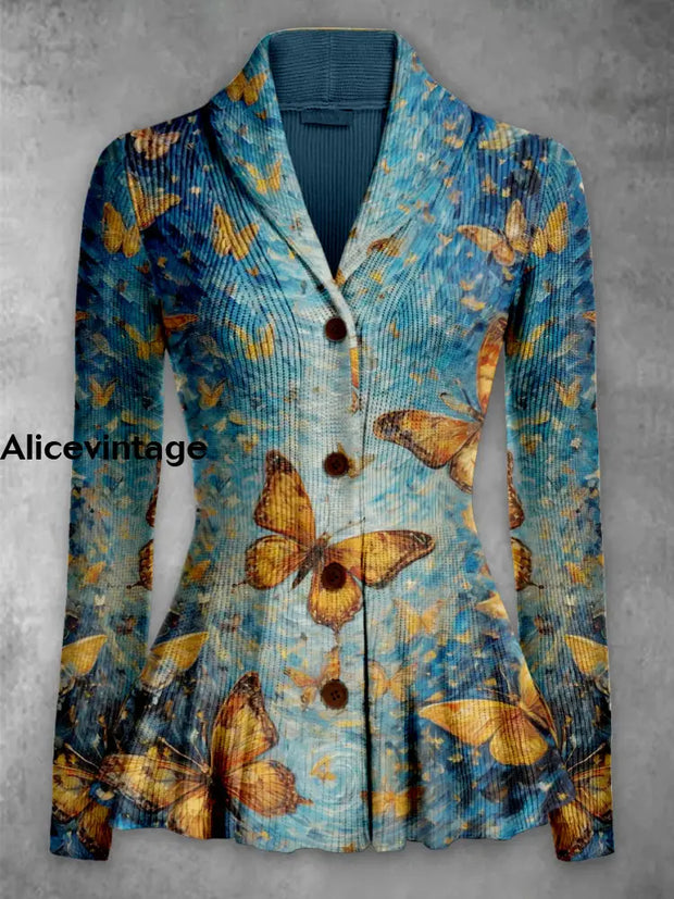 Butterfly Print Vintage Elegant Lapel V-Neck Button Up Long Sleeve Top A / S