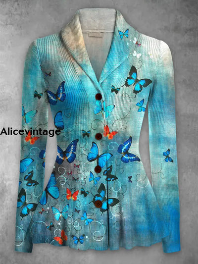 Butterfly Print Vintage Elegant Lapel V-Neck Button Up Long Sleeve Top A / S