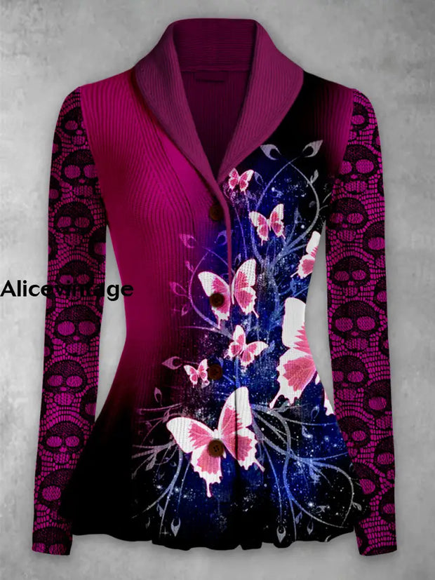 Butterfly Print Vintage Elegant Lapel V-Neck Button Up Long Sleeve Top A / S