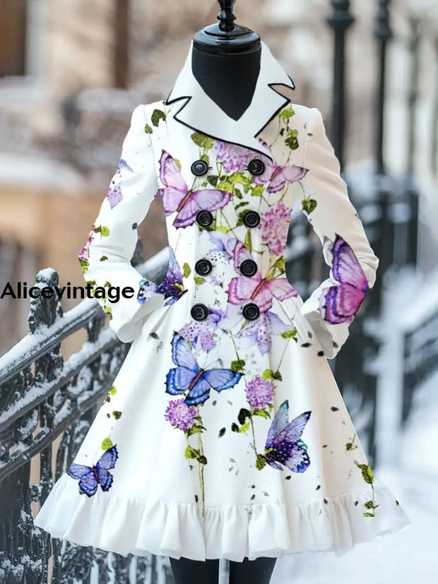 Butterfly Print Vintage Elegant Stand-Up Collar Long Sleeve Coat Dress A / S