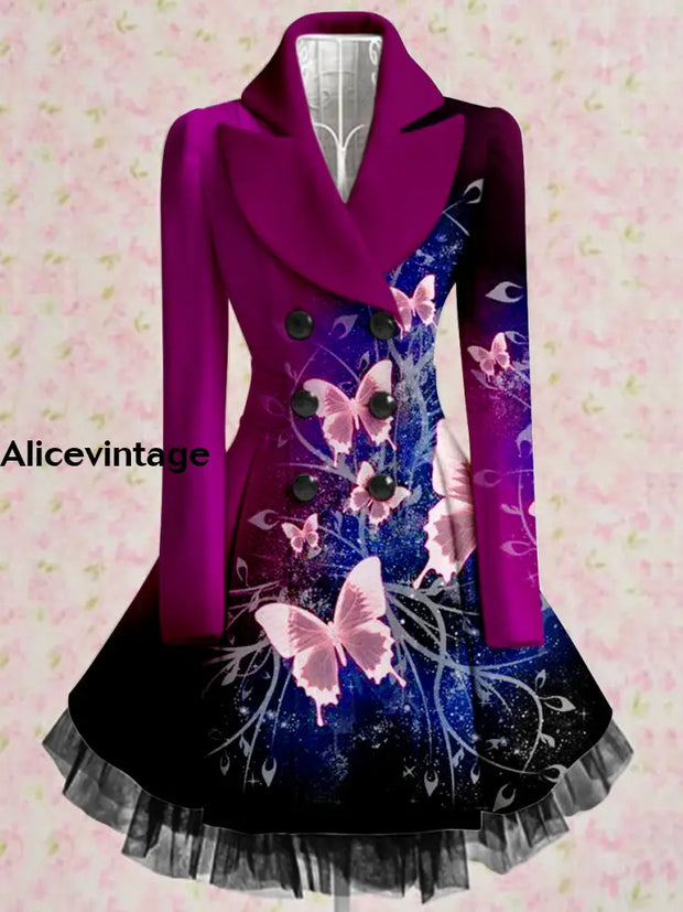 Butterfly Print Vintage Elegant V-Neck Button Up Long Sleeve Coat Dress