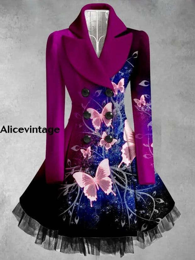 Butterfly Print Vintage Elegant V-Neck Button Up Long Sleeve Coat Dress