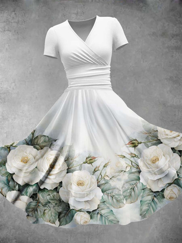 White Rose Art Print V-Neck Short Sleeve Maxi Dress