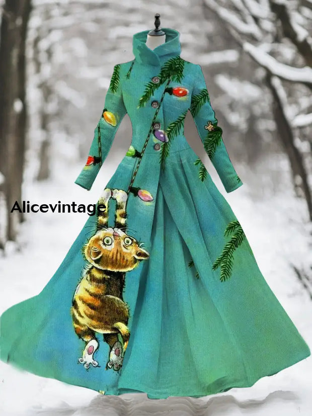 Cat Art Print Vintage Elegant Long Sleeve Fake Two Piece Maxi Dress A / S