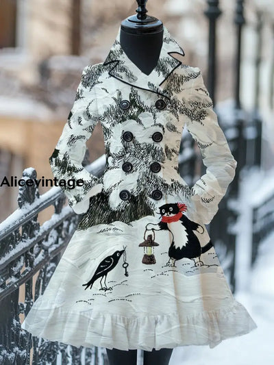 Cat Art Print Vintage Elegant Stand-Up Collar Long Sleeve Coat Dress A / S