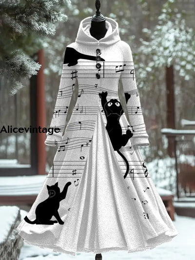 Cat Art Print Vintage Long Sleeve Maxi Dress A / S