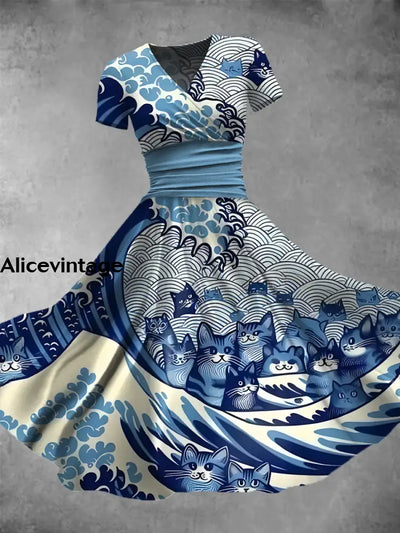 Cat In The Blue Wave Print V-Neck Short Sleeve Vintage Midi Dress A / S