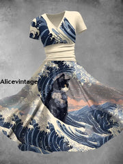 Cat In The Wave Art Print V Neck Short Sleeve Midi Dress A / S