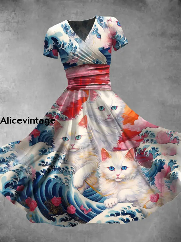 Cat On The Blue Wave Print V-Neck Short Sleeve Vintage Midi Dress A / S