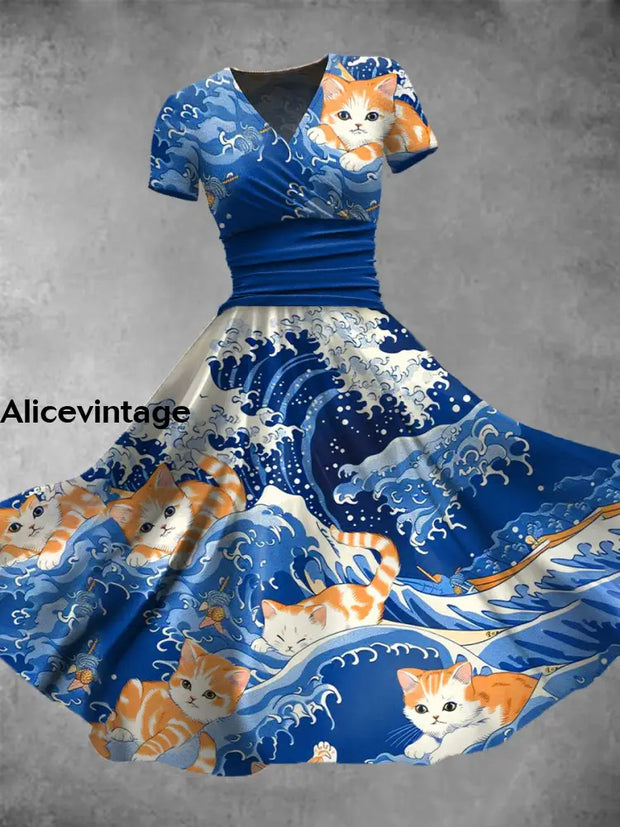 Cat On The Blue Wave Print V-Neck Short Sleeve Vintage Midi Dress A / S