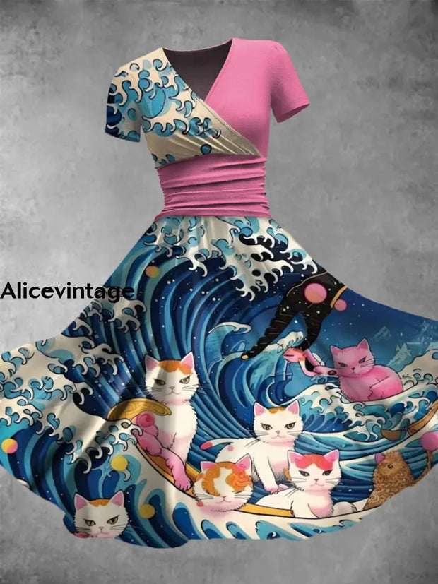 Cat On The Blue Wave Print V-Neck Short Sleeve Vintage Midi Dress A / S