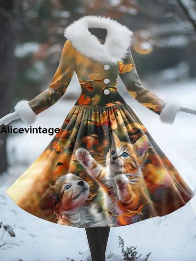 Cats Art Print Vintage Elegant Fur Collar Long Sleeve Midi Dress A / S