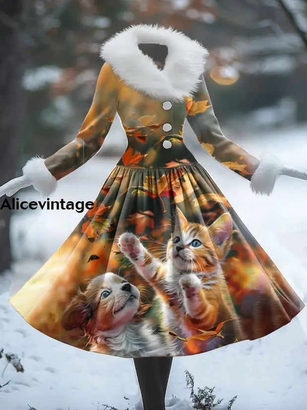 Cats Art Print Vintage Elegant Fur Collar Long Sleeve Midi Dress A / S