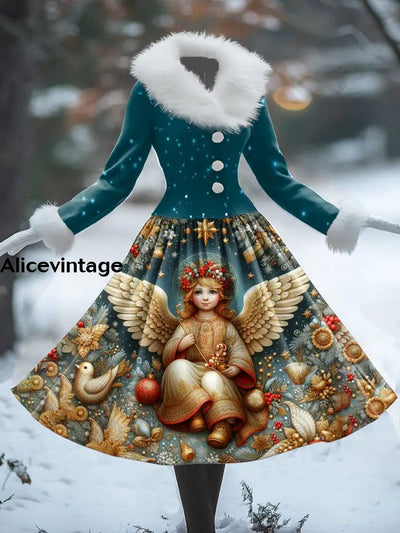 Christmas Angel Art Print Vintage Elegant Fur Collar Long Sleeve Midi Dress A / S