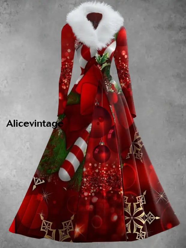 Christmas Art Print Retro Elegant Long Sleeve Fake Two Piece Maxi Dress A / S