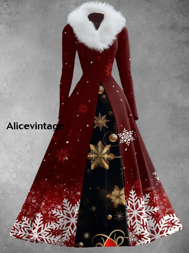 Christmas Art Print Retro Elegant Long Sleeve Fake Two Piece Maxi Dress A / S