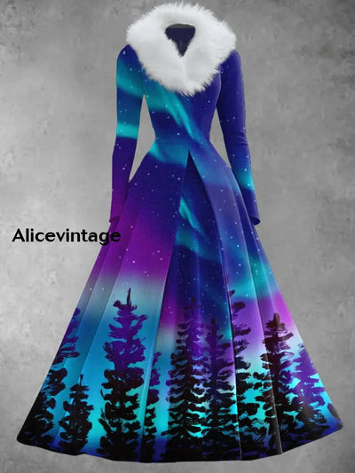 Christmas Art Print Retro Elegant Long Sleeve Fake Two-Piece Maxi Dress A / S