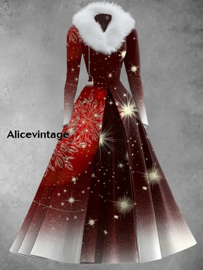 Christmas Art Print Retro Elegant Long Sleeve Faux Two Piece Maxi Dress A / S