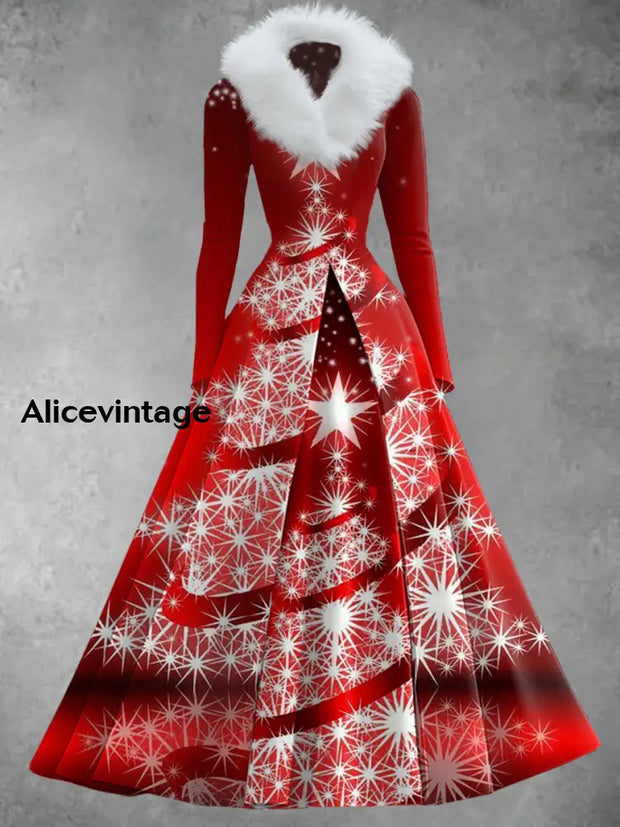 Christmas Art Print Retro Elegant Long Sleeve Faux Two Piece Maxi Dress A / S