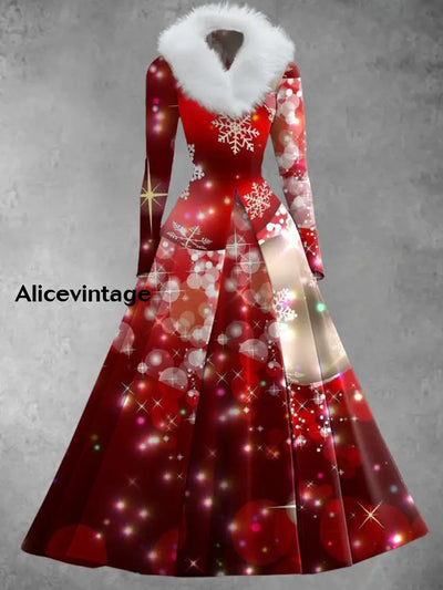 Christmas Art Print Retro Elegant Long Sleeve Faux Two Piece Maxi Dress A / S