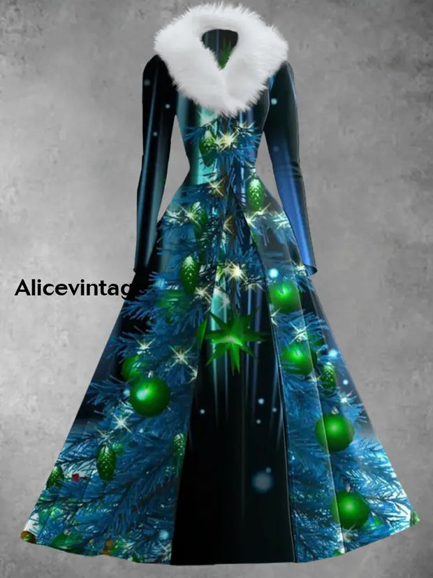 Christmas Art Print Retro Elegant Long Sleeve Faux Two Piece Maxi Dress A / S