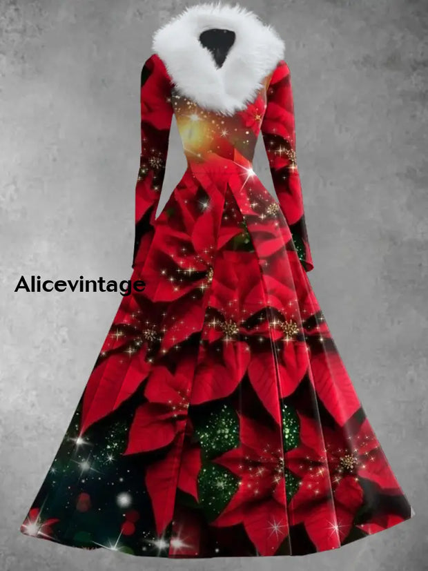 Christmas Art Print Retro Elegant Long-Sleeved Fake Two-Piece Mid-Length Dress A / S