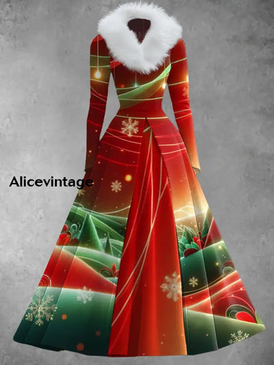 Christmas Art Print Retro Elegant Long-Sleeved Fake Two-Piece Mid-Length Dress A / S