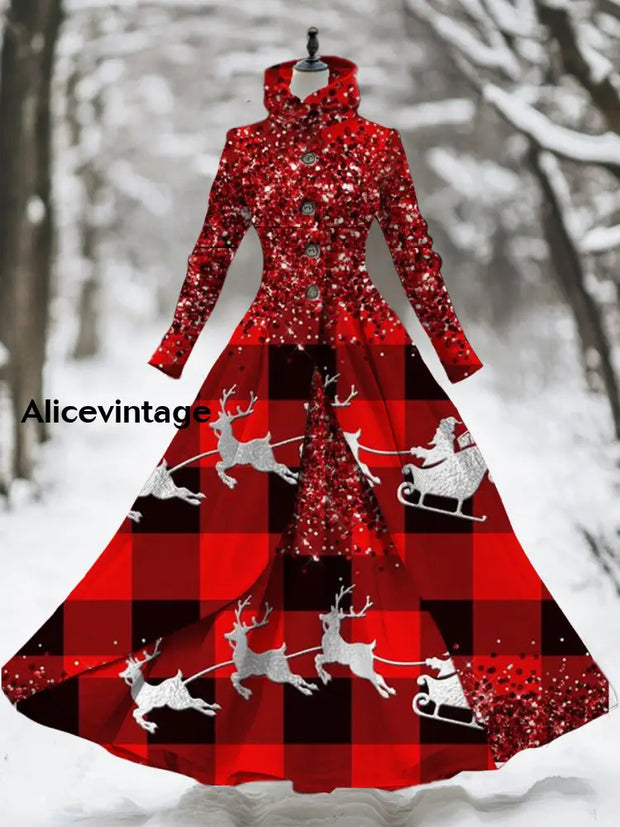 Christmas Art Print Stand Collar Vintage Elegant Long Sleeve Fake Two Piece Maxi Dress A / S