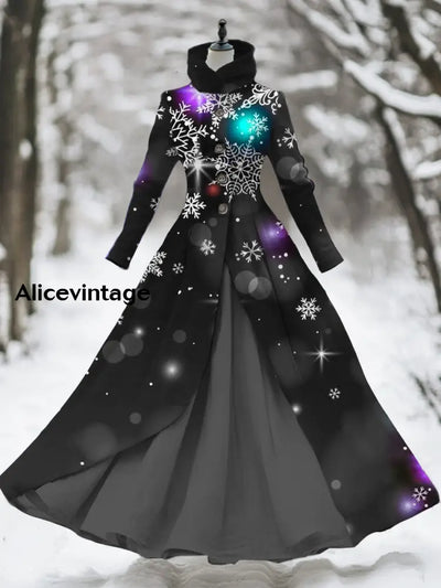 Christmas Art Print Stand Collar Vintage Elegant Long Sleeve Fake Two Piece Maxi Dress A / S