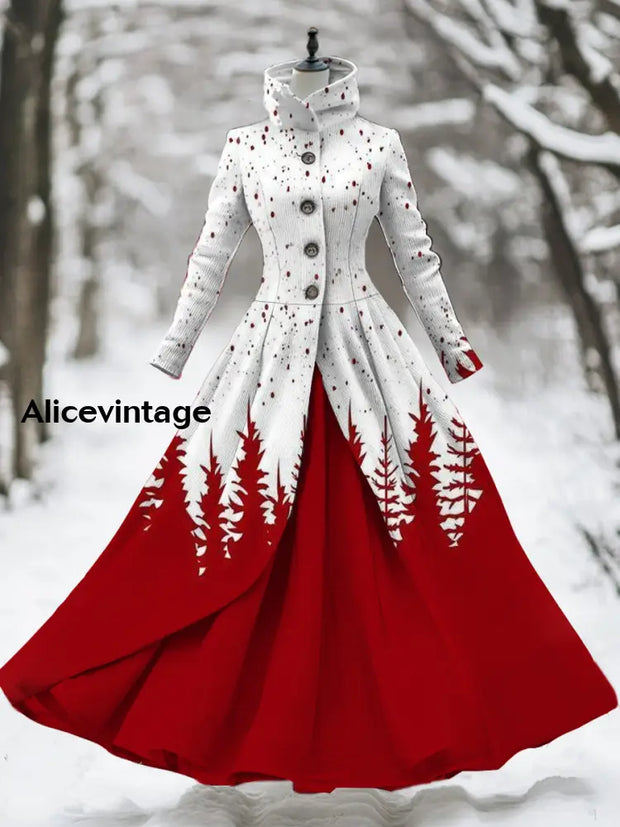 Christmas Art Print Stand Collar Vintage Elegant Long Sleeve Fake Two Piece Maxi Dress A / S