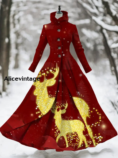 Women’s Retro Christmas Art Print Stand-Up Collar Long Sleeve 50S Elegant Slim Midi Holiday