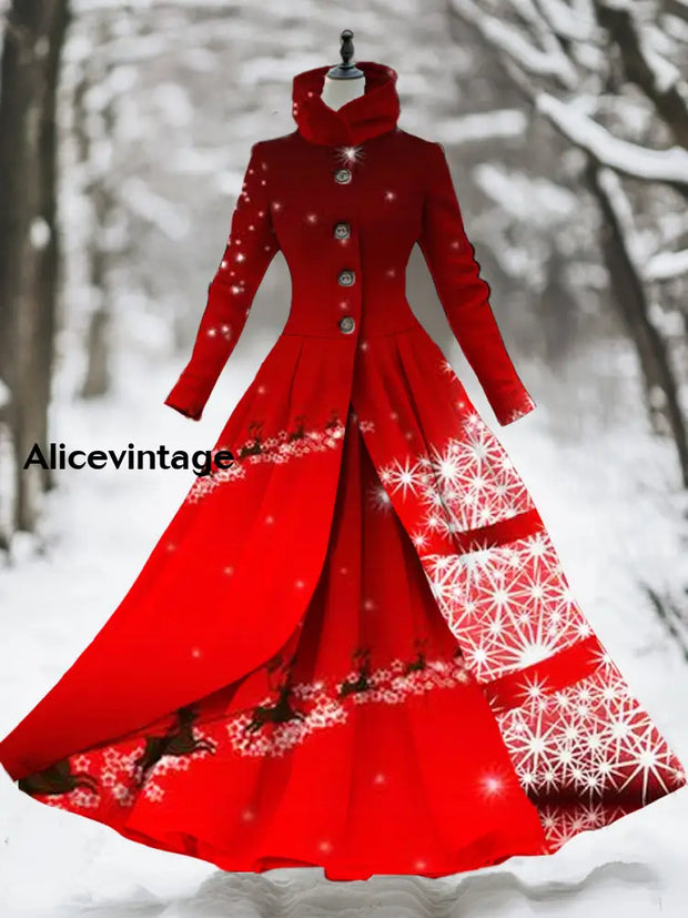 Christmas Art Print Stand Collar Vintage Long Sleeve Fake Two Piece Maxi Dress A / S