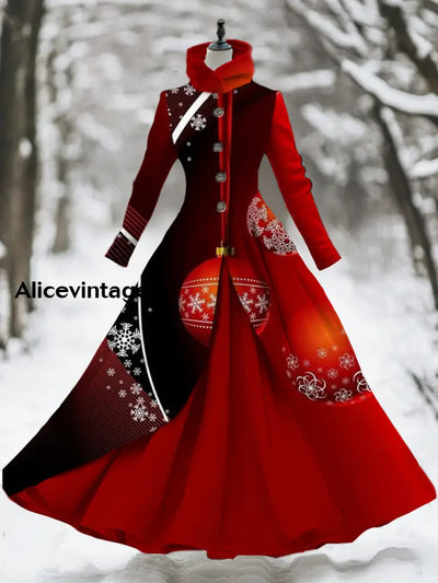 Women’s Retro Christmas Art Print Stand-Up Collar Long Sleeve 50S Elegant Slim Midi Holiday