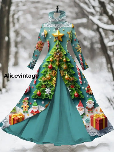 Christmas Art Print Stand Collar Vintage Long Sleeve Fake Two Piece Maxi Dress A / S